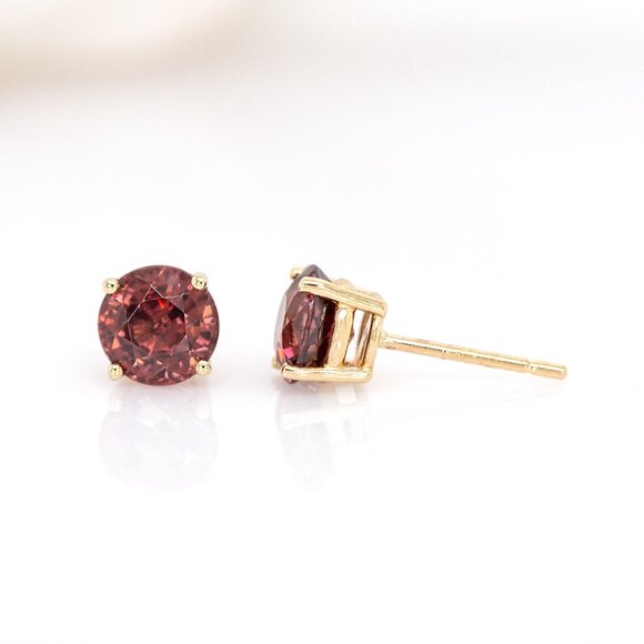 2.6cts Cambodian Red Zircon Stud Earrings in 14K Solid Gold | 6.5mm - Picture 5 of 9